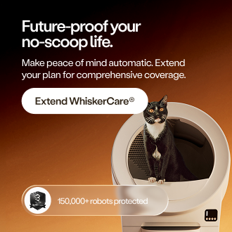 Black and white cat sitting on a Litter-Robot self-cleaning litter box, with WhiskerCare plan advertisement text
