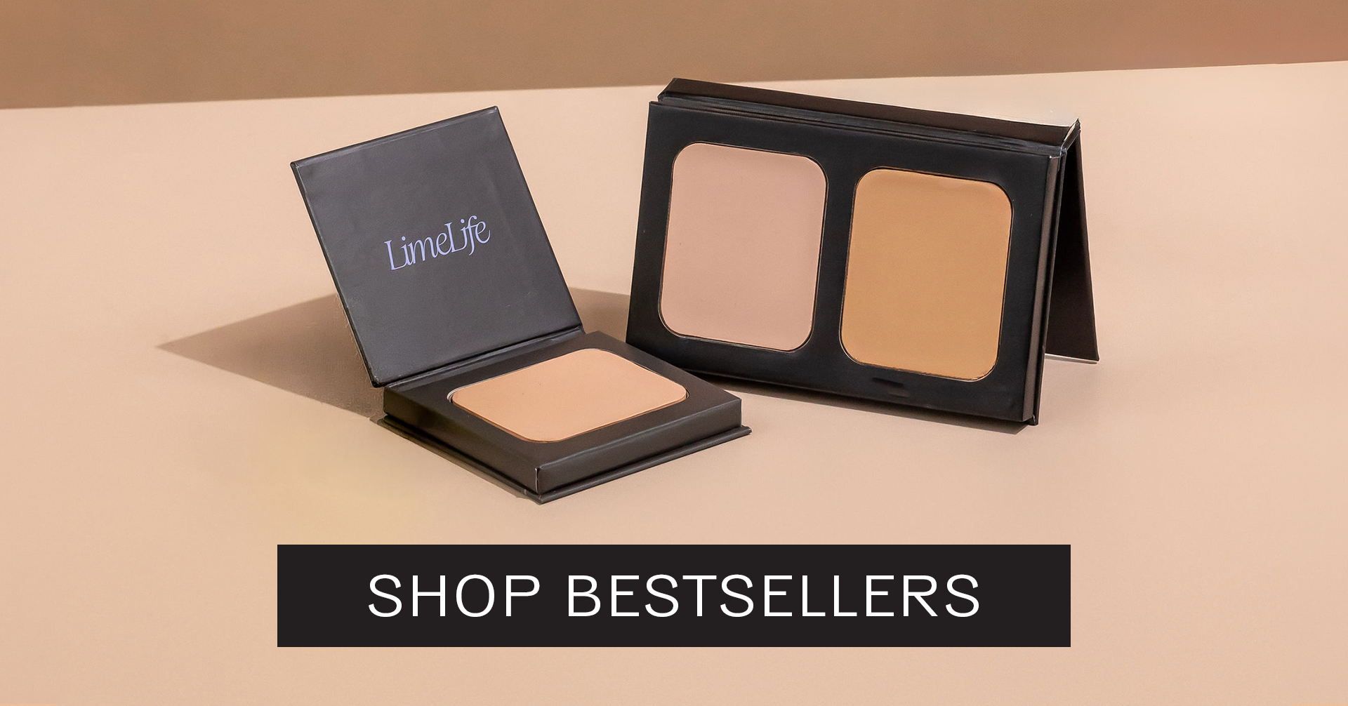 LimeLife compact powder foundation and duo contour palette in black cases displayed on a beige surface with "Shop Bestsellers" text
