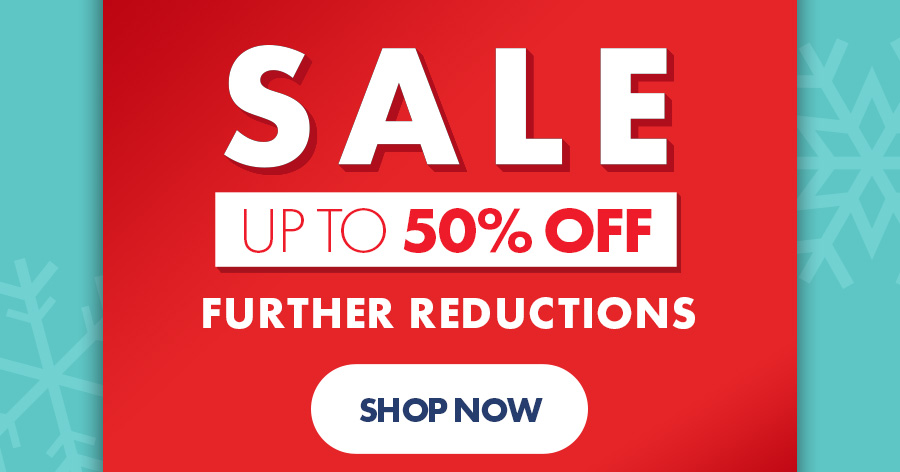 ```html
<img src="sale-image.jpg" alt="Red banner advertising a sale, up to 50% off with further reductions. Shop now button included." />
```