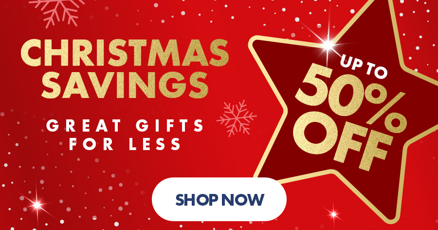Red and gold Christmas-themed advertisement with text: "Christmas Savings, Great Gifts for Less, Up to 50% Off." Snowflakes and stars in the background.