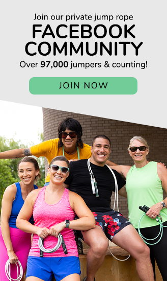Alt text: Group of people holding jump ropes, promoting a Facebook community for jump rope enthusiasts. Join now banner displayed.