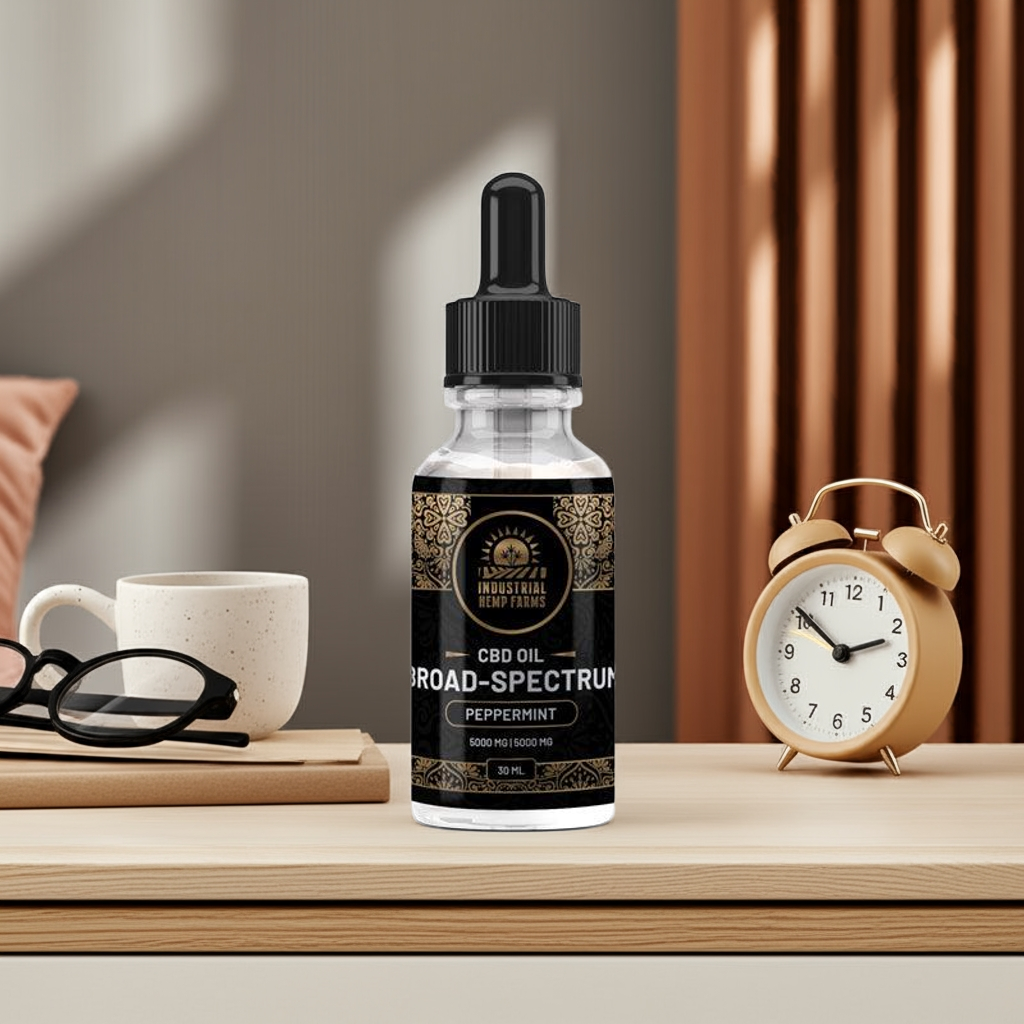 Industrial Hemp Farms broad-spectrum peppermint CBD oil dropper bottle on a wooden nightstand with alarm clock, mug, and glasses