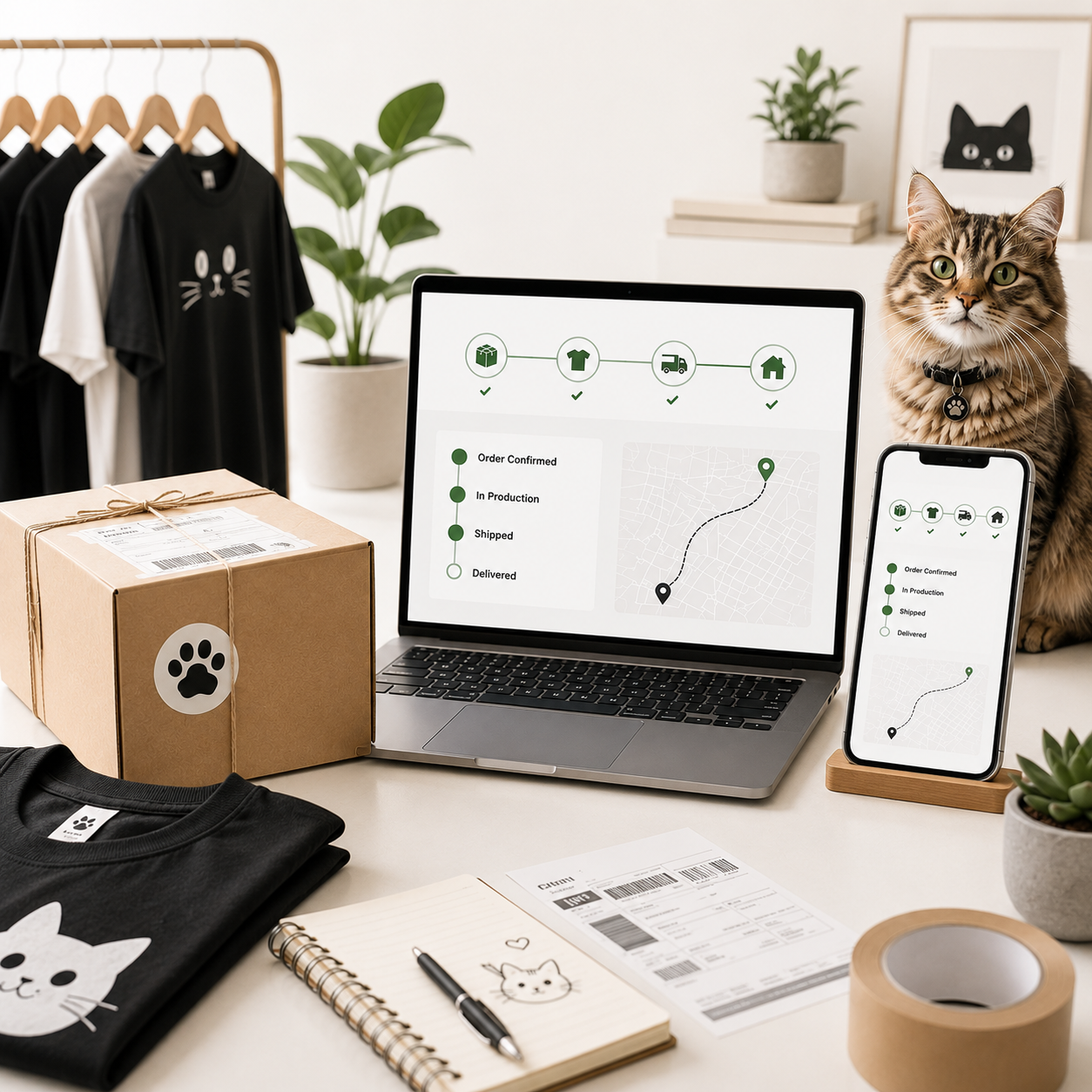 A desk with a laptop and phone showing order tracking, a cardboard box with paw print sticker, cat-themed t-shirts, a notebook, and a tabby cat sitting beside the display.