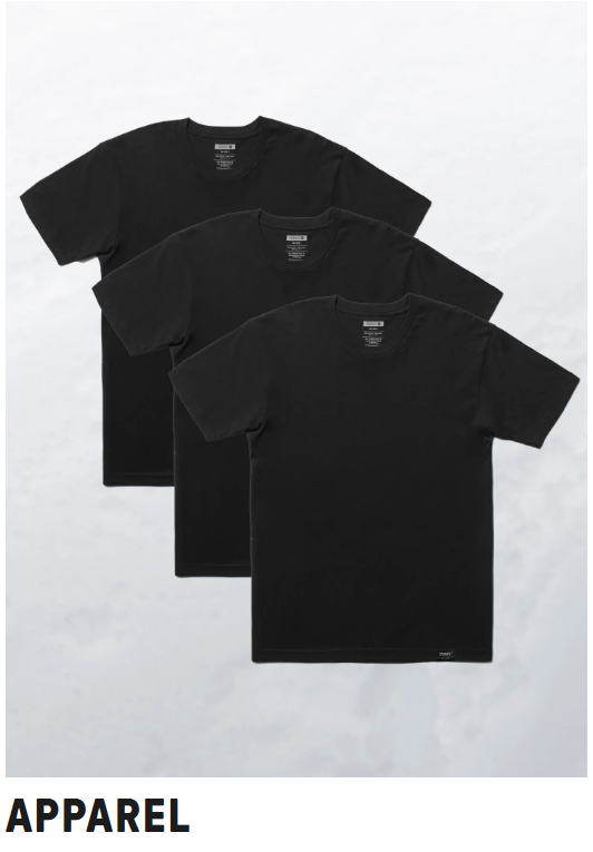 ```html
<img src="image.png" alt="Three black t-shirts stacked on a light background, labeled 'APPAREL'.">
```