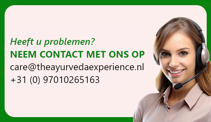 ```html
<img src="image.jpg" alt="Contact card for The Ayurveda Experience with email, phone number, and text in Dutch encouraging contact if having problems.">
```