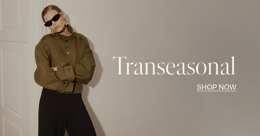 ```html<img src="image.jpg" alt="Person leaning against a wall wearing a brown jacket and black pants, with 'Transeasonal' and 'Shop Now' text overlayed." />```