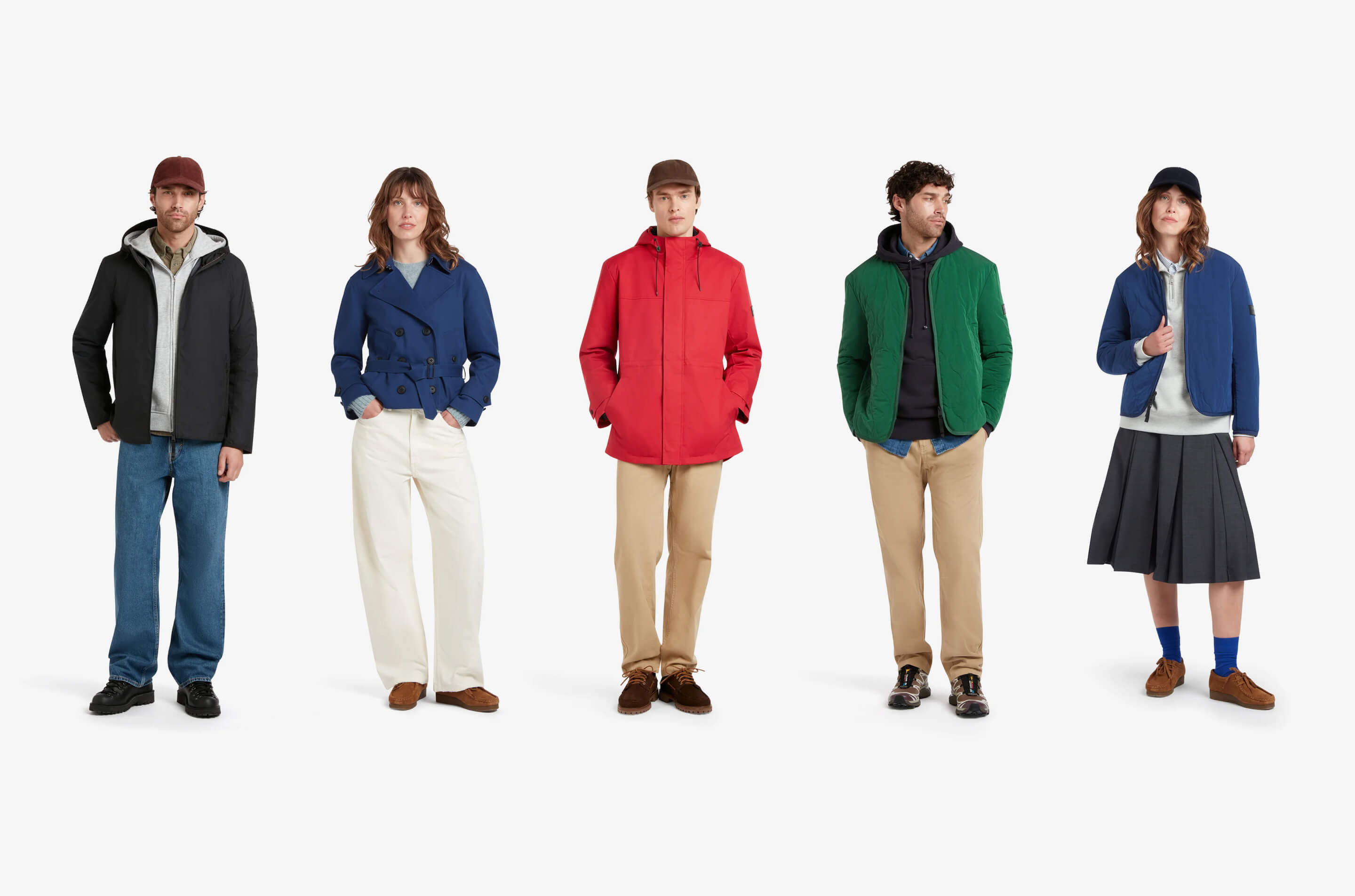 Five models showcasing outerwear collection in black, blue, red, and green jackets against a white background